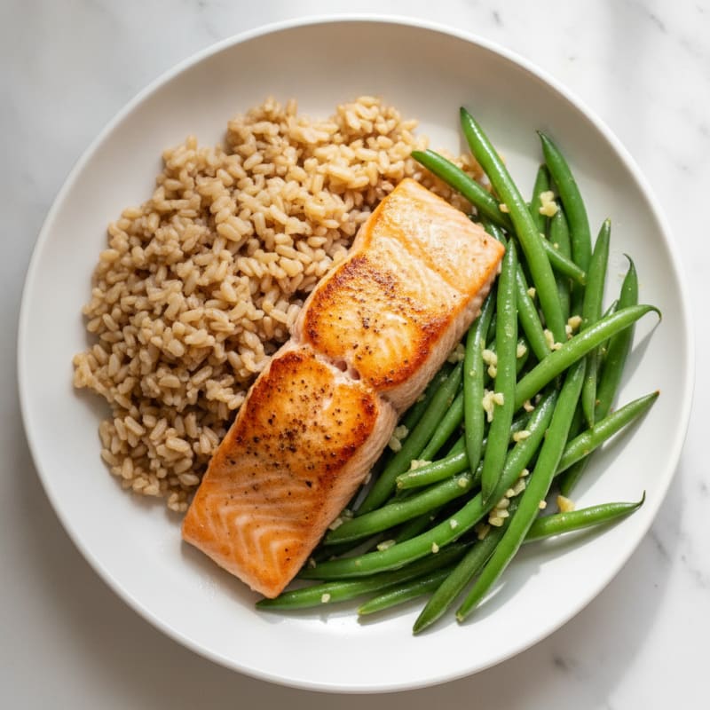 Seared Salmon Fillet with Garlic Green Beans and Brown Rice