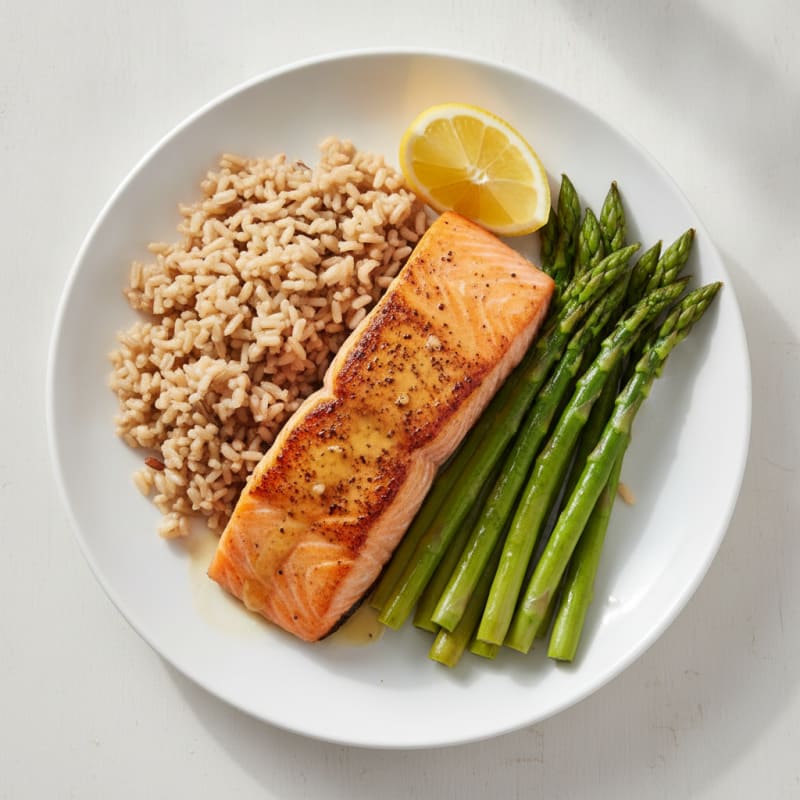 Seared Salmon with Steamed Asparagus and Brown Rice