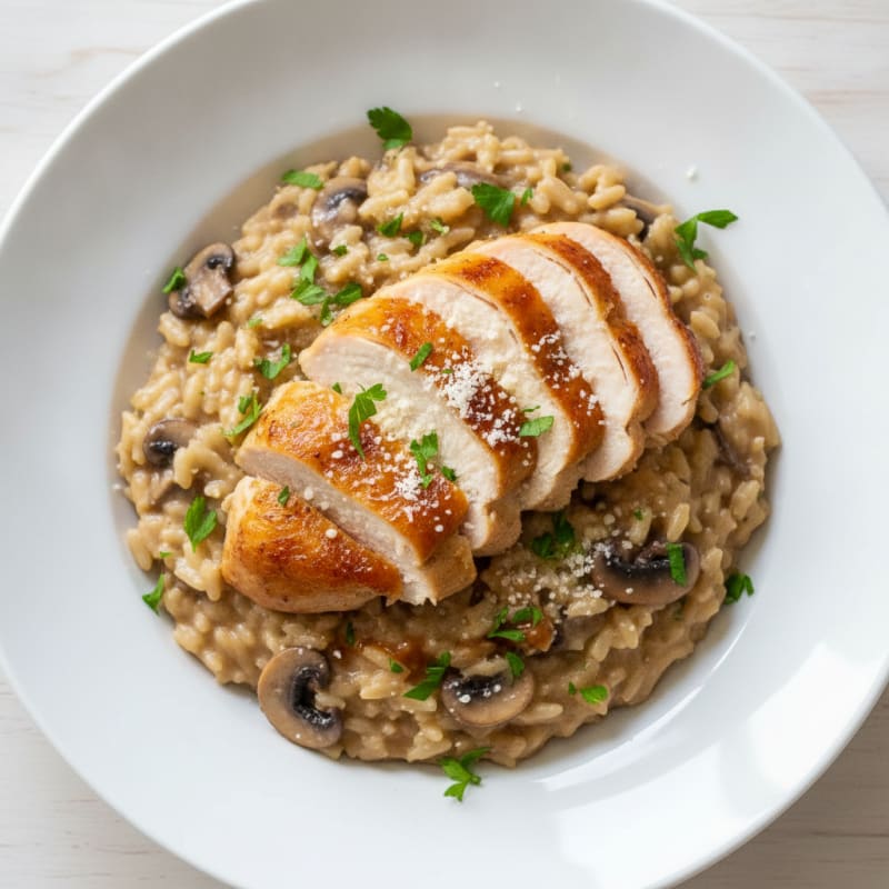 Creamy Mushroom Risotto with Parmesan and Roasted Chicken