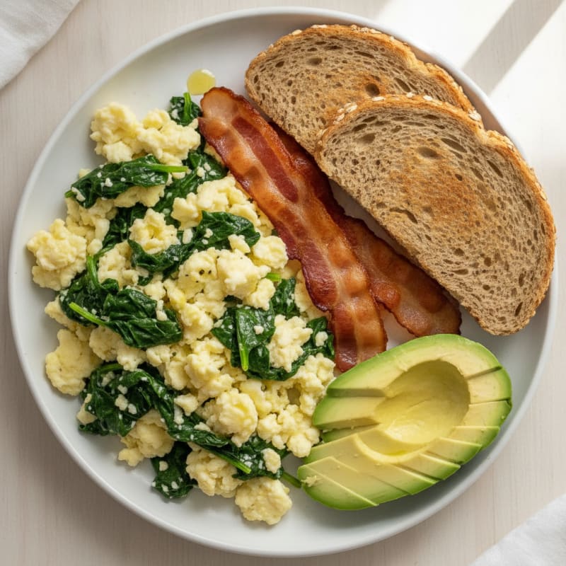 Crispy Turkey Bacon and Egg White Scramble with Sautéed Spinach