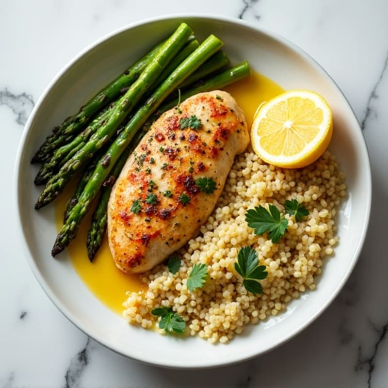Lemon Herb Pan-Seared Chicken with Roasted Asparagus and Fluffy Quinoa