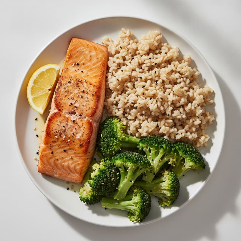 Seared Salmon with Brown Rice and Steamed Broccoli
