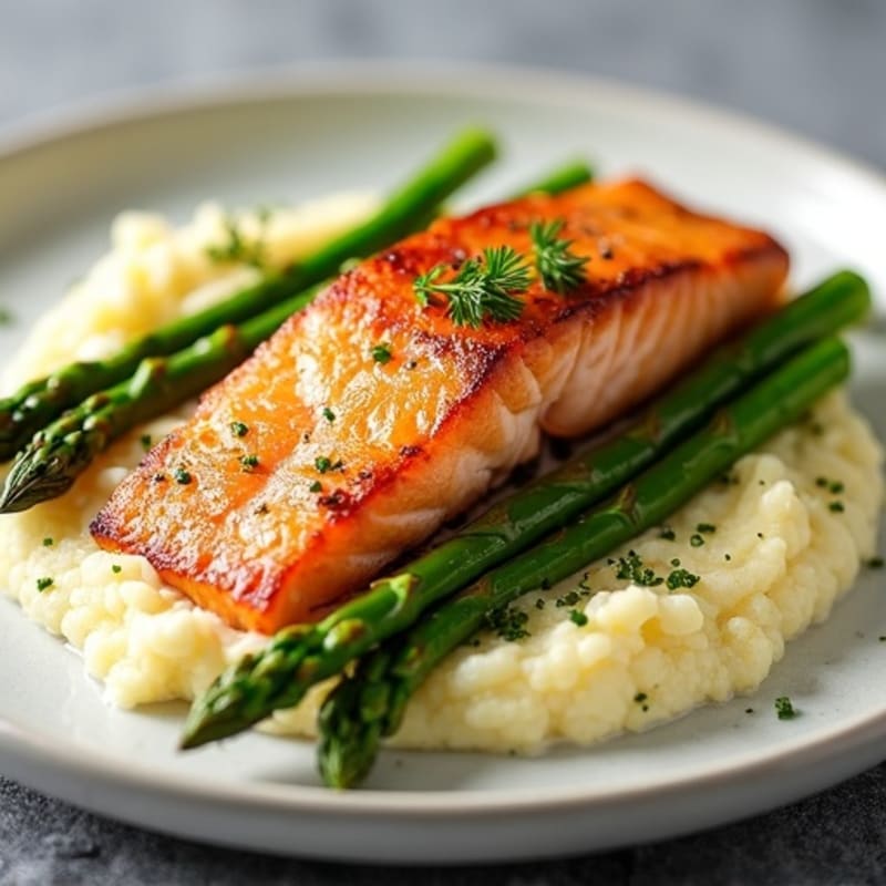 Seared Salmon with Steamed Asparagus and Cauliflower Mash