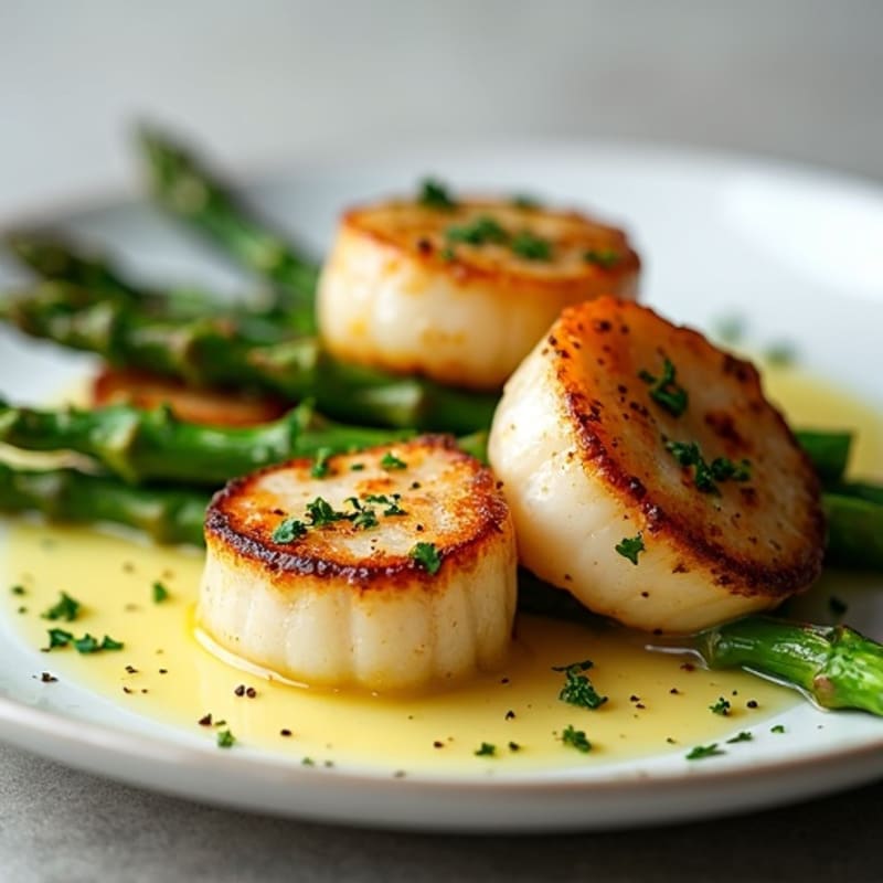 Pan-Seared Scallops with Garlic Herb Roasted Asparagus