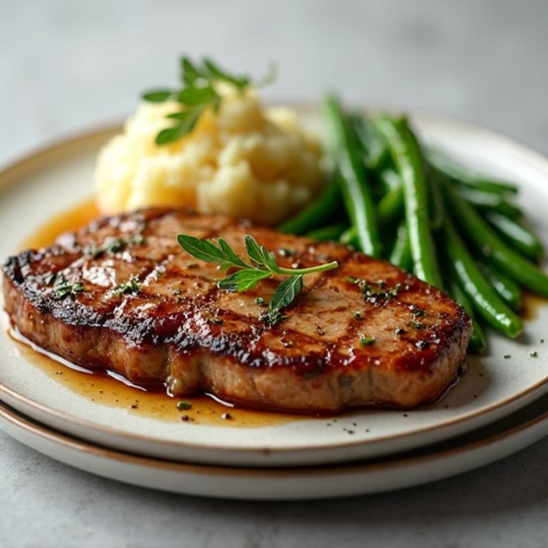 Pan-Seared Garlic Butter Steak with Roasted Potatoes and Crispy Green Beans