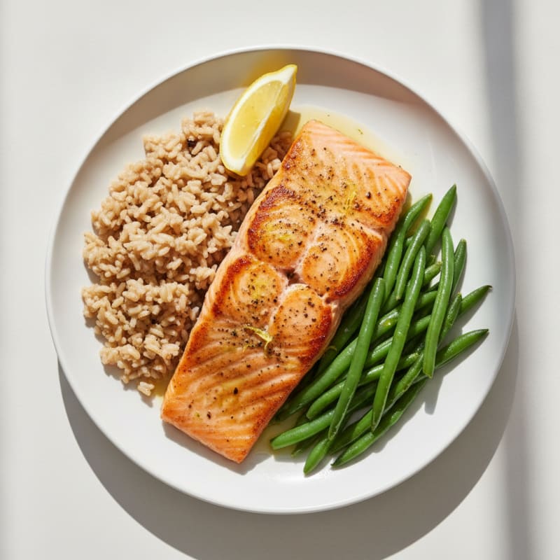 Seared Salmon with Steamed Green Beans and Brown Rice