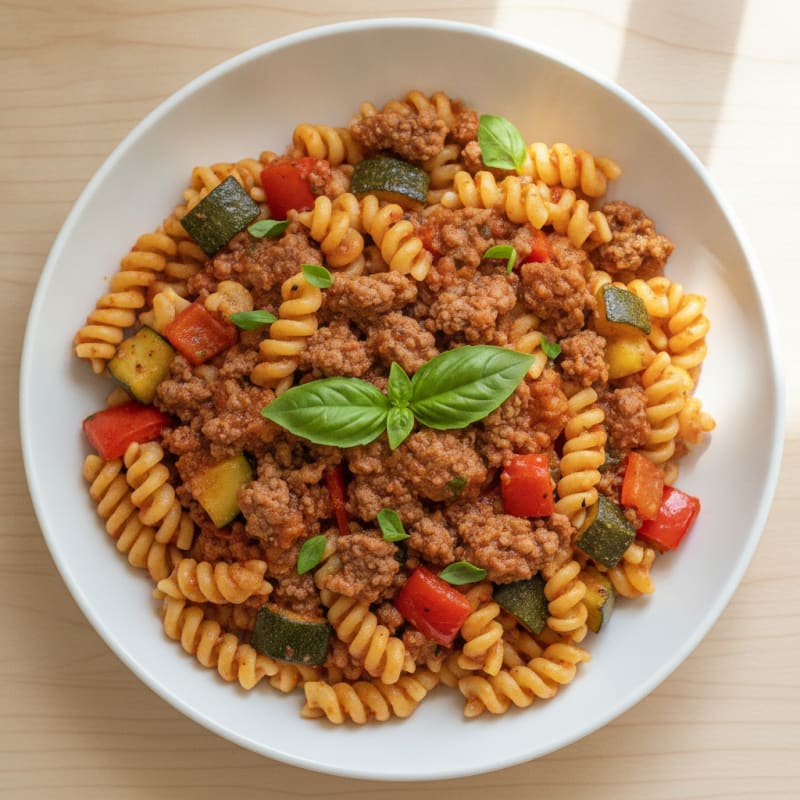 Lean Beef Pasta with Roasted Vegetables and Light Tomato Sauce