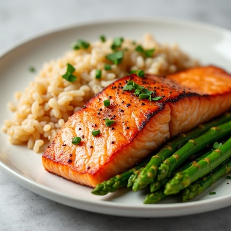 Seared Salmon Fillet with Steamed Asparagus and Brown Rice