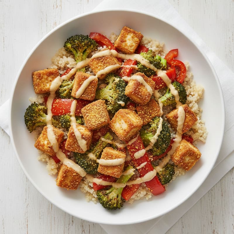 Crispy Tofu and Quinoa Power Bowl with Roasted Vegetables