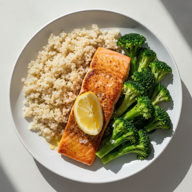 Seared Salmon with Steamed Broccoli and Quinoa