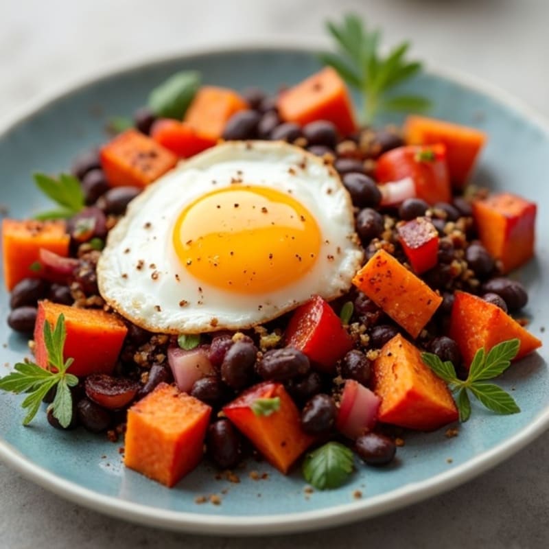 Molten Egg and Smoky Black Bean Sweet Potato Hash