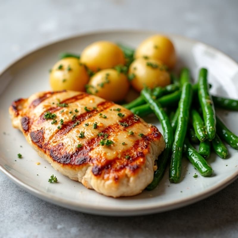 Grilled Chicken Breast with Roasted Green Beans and Garlic Potatoes