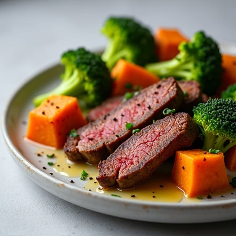 Seared Lean Beef Strips with Roasted Broccoli and Sweet Potato