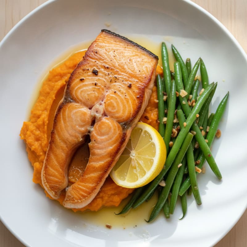 Seared Salmon with Garlic Green Beans and Sweet Potato Mash