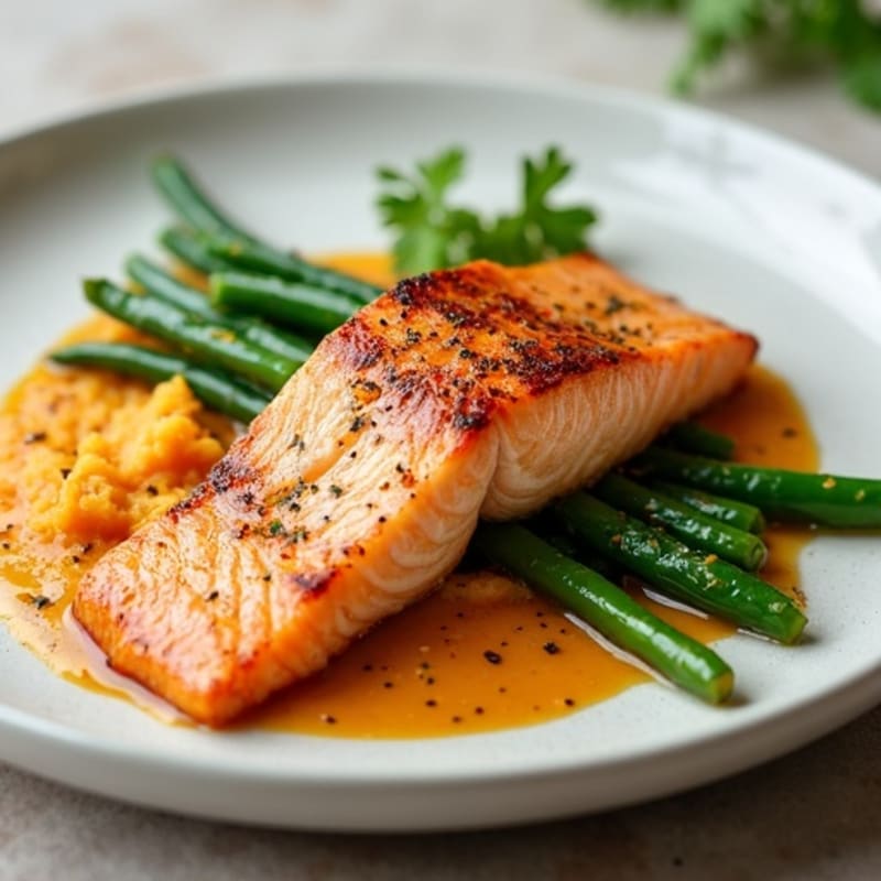Seared Salmon with Steamed Green Beans and Sweet Potato Mash