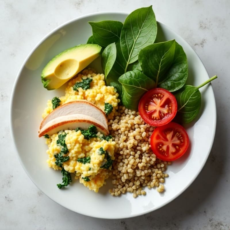 Egg White Spinach Scramble with Cottage Cheese and Sliced Turkey