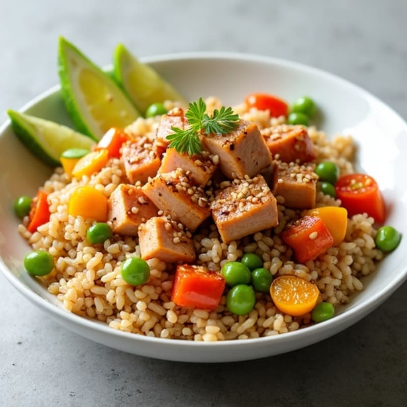 Fresh Diced Tuna with Sesame Brown Rice and Crispy Vegetables