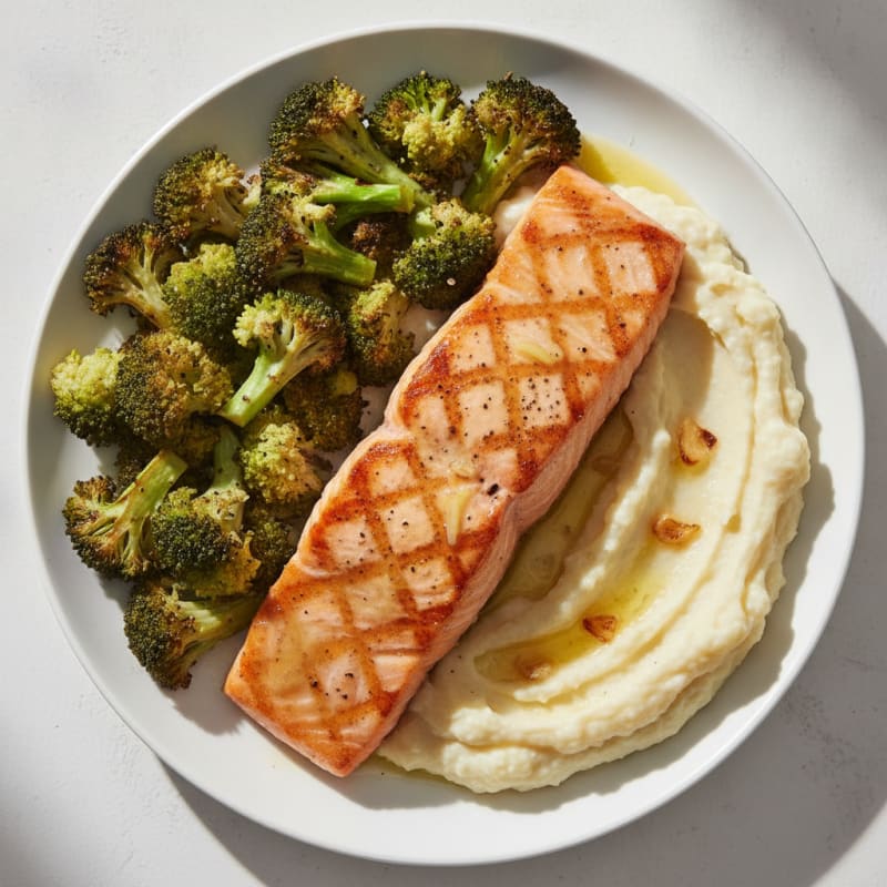 Seared Salmon with Roasted Broccoli and Garlic Mashed Cauliflower