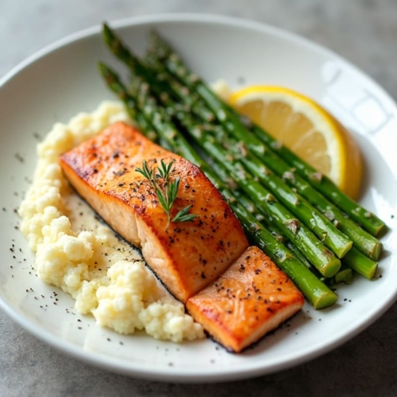 Seared Salmon with Steamed Asparagus and Cauliflower Mash
