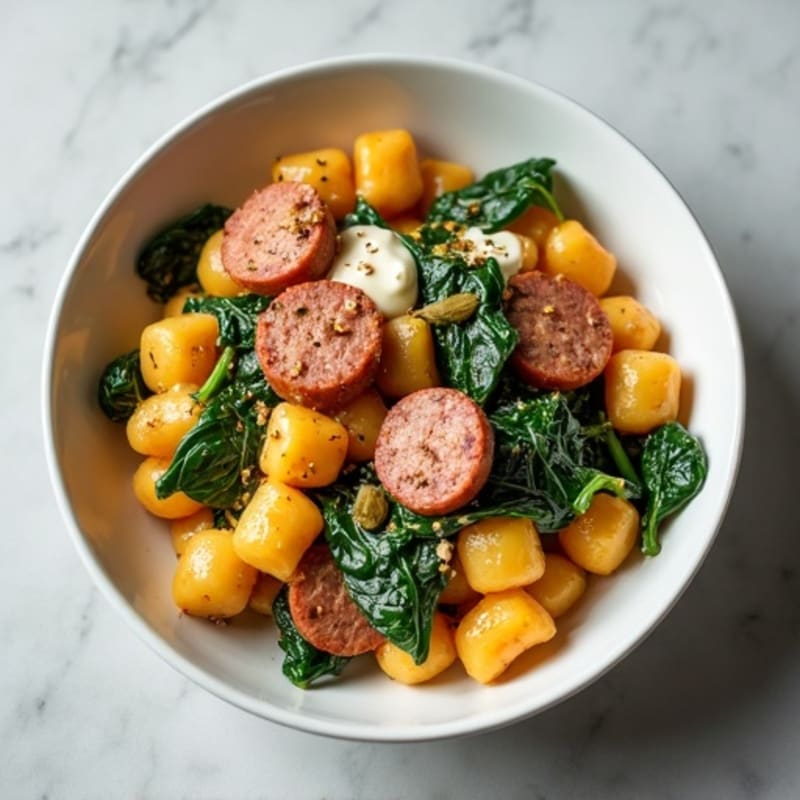 Creamy Sweet Potato Gnocchi with Lean Chicken Sausage and Wilted Spinach