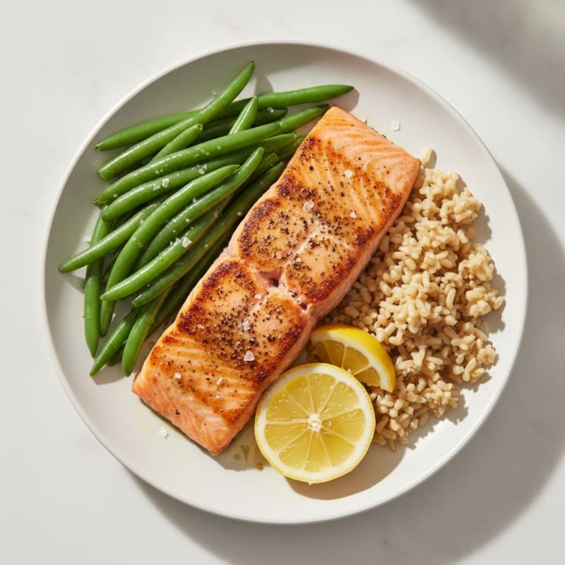 Seared Salmon Fillet with Steamed Green Beans and Brown Rice