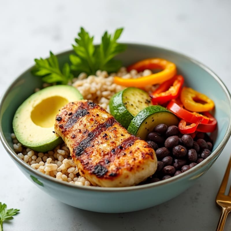 Grilled Chicken Rice Bowl with Roasted Vegetables and Avocado
