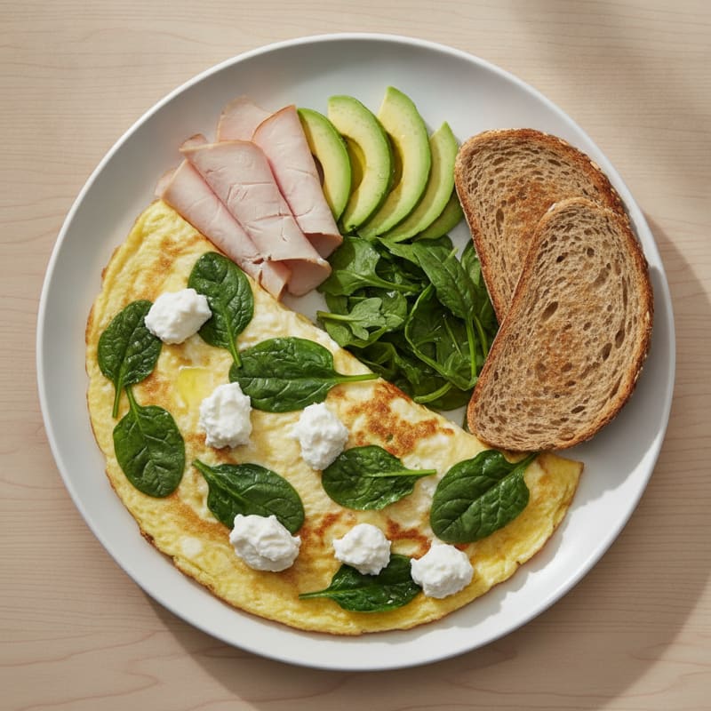 Egg White Spinach Omelette with Cottage Cheese and Sliced Turkey