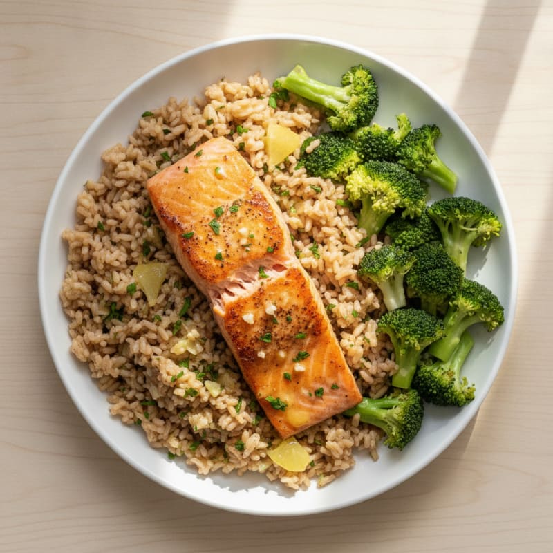 Pan-Seared Salmon with Garlic Herb Brown Rice and Steamed Broccoli