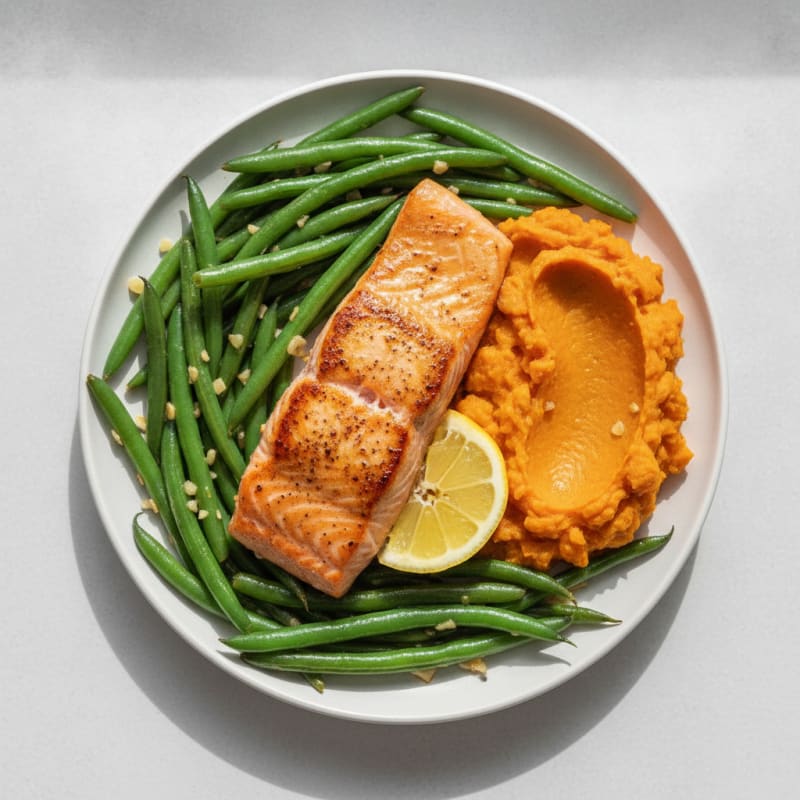 Seared Salmon with Garlic Green Beans and Sweet Potato Mash