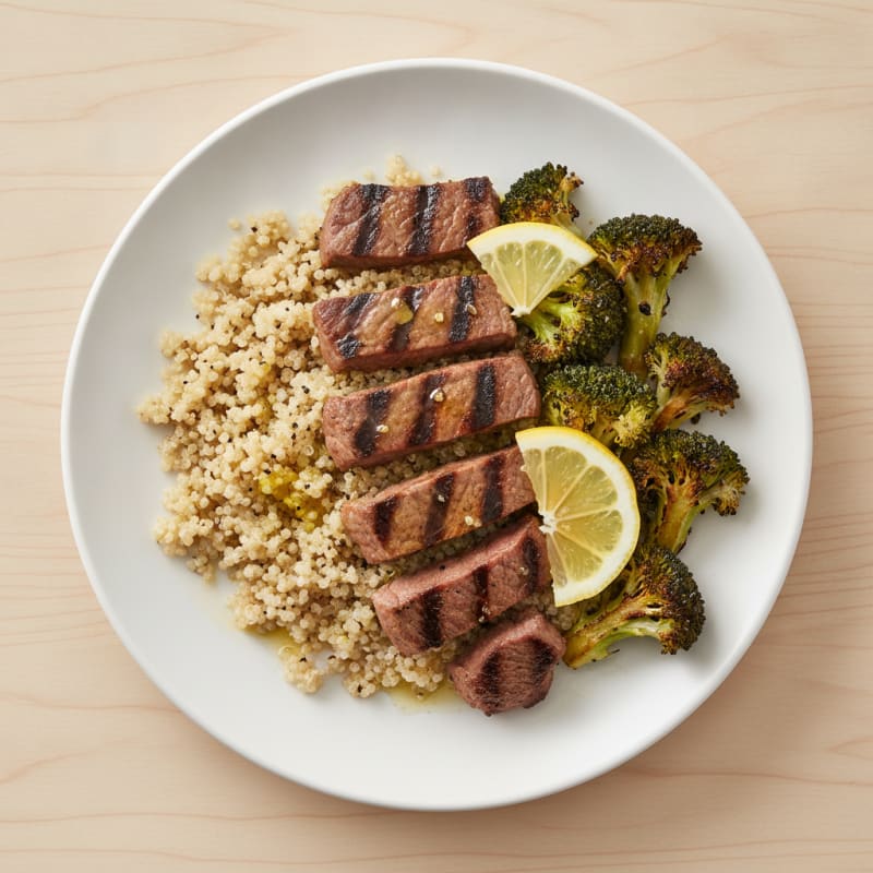 Grilled Beef Strips with Quinoa and Roasted Broccoli