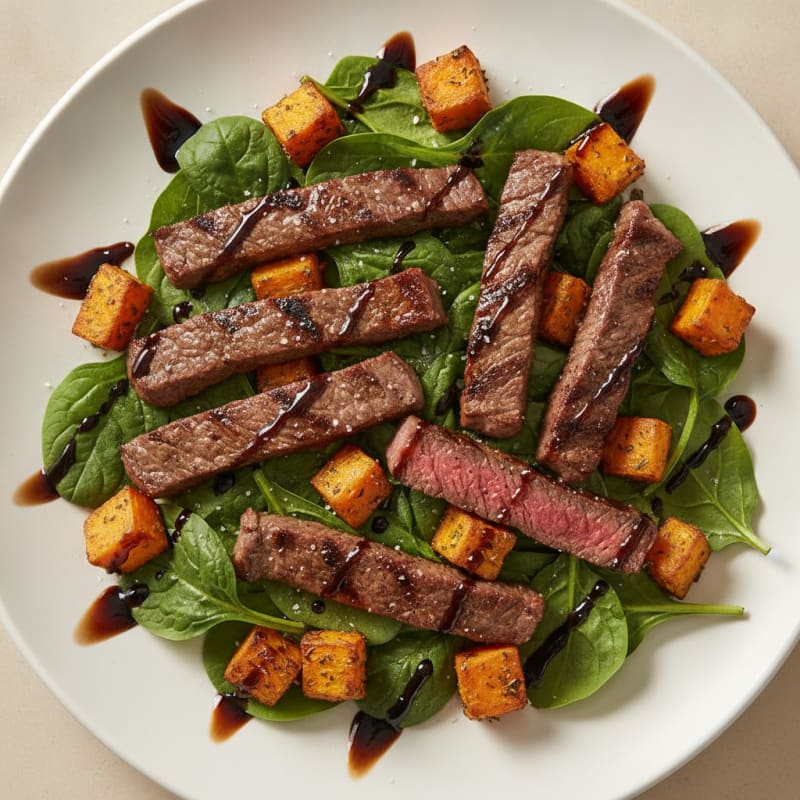 Seared Beef Strips with Roasted Sweet Potato and Spinach Salad