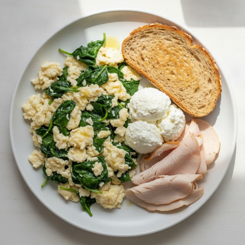 Egg White Spinach Scramble with Cottage Cheese and Sliced Turkey