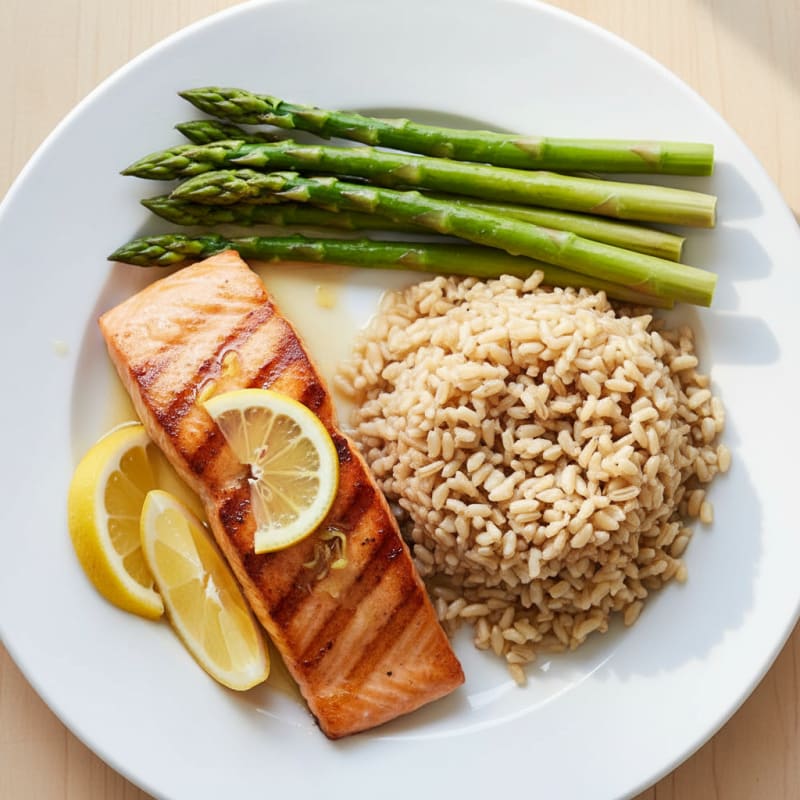 Seared Salmon with Steamed Asparagus and Brown Rice