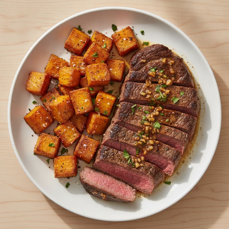 Garlic-Herb Seared Steak with Roasted Sweet Potatoes