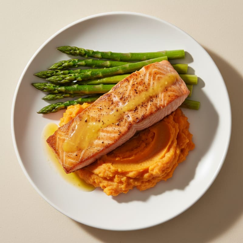 Seared Salmon with Steamed Asparagus and Sweet Potato Mash