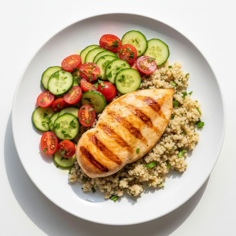 Grilled Chicken Breast with Quinoa and Crunchy Cucumber Tomato Salad