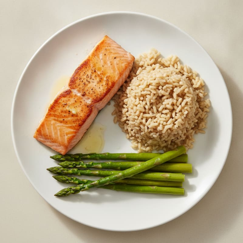 Seared Salmon with Steamed Asparagus and Brown Rice