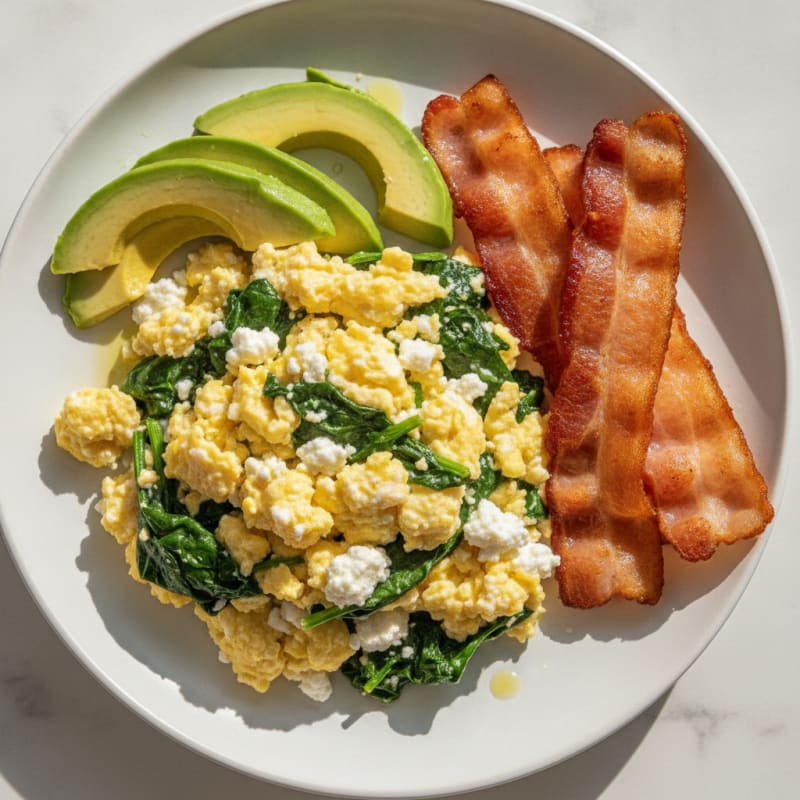 Cottage Cheese Scramble with Spinach and Turkey Bacon