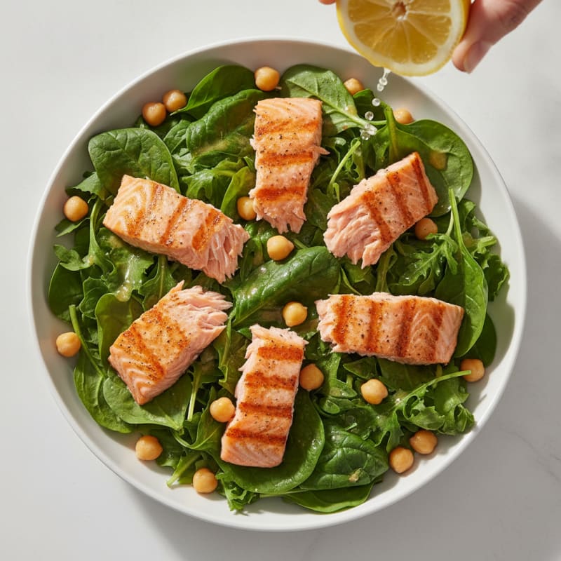 Grilled Salmon Salad with Mixed Greens and Chickpeas