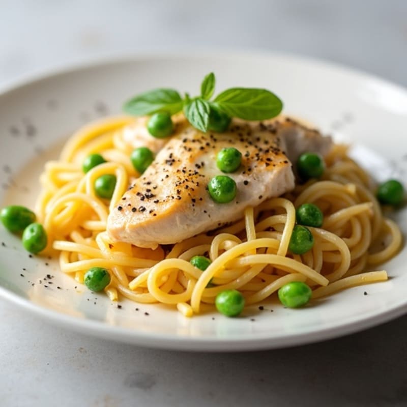 Creamy Chicken Carbonara with Whole Wheat Pasta and Fresh Peas