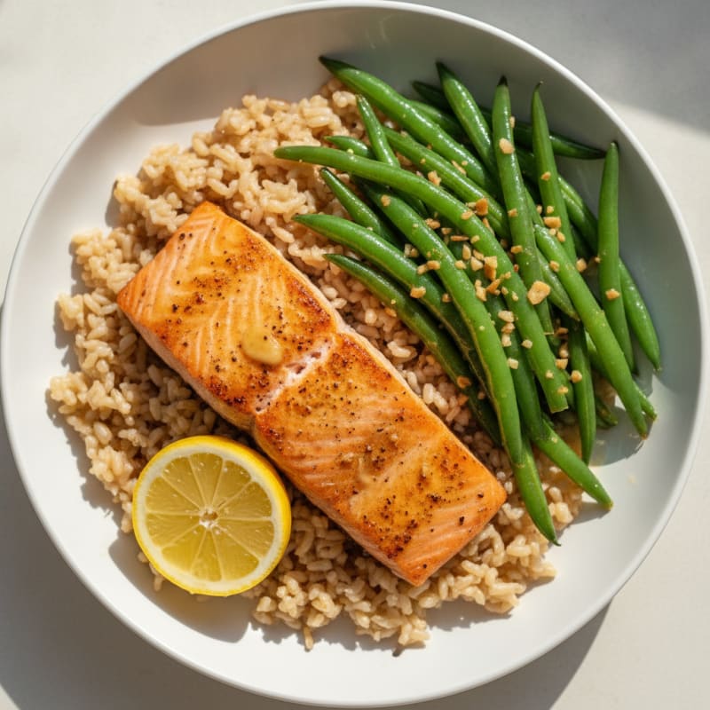 Seared Salmon Fillet with Garlic Green Beans and Brown Rice