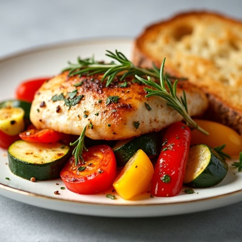 Herb-Roasted Chicken with Colorful Roasted Vegetables and Toasted Sourdough