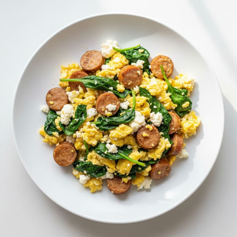 Cottage Cheese Egg Scramble with Spinach and Turkey Sausage