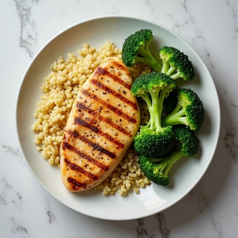 Grilled Lemon Pepper Chicken Breast with Quinoa and Steamed Broccoli