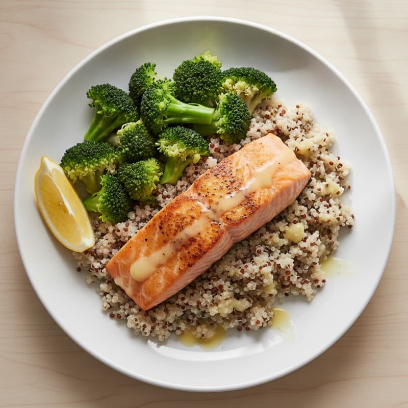 Seared Salmon Fillet with Steamed Broccoli and Quinoa