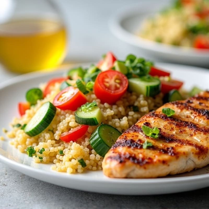 Grilled Chicken Breast with Quinoa and Crunchy Cucumber-Tomato Salad