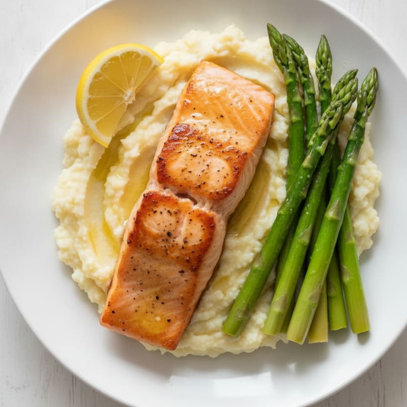 Seared Salmon Fillet with Steamed Asparagus and Cauliflower Mash