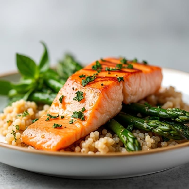 Seared Salmon with Steamed Asparagus and Brown Rice