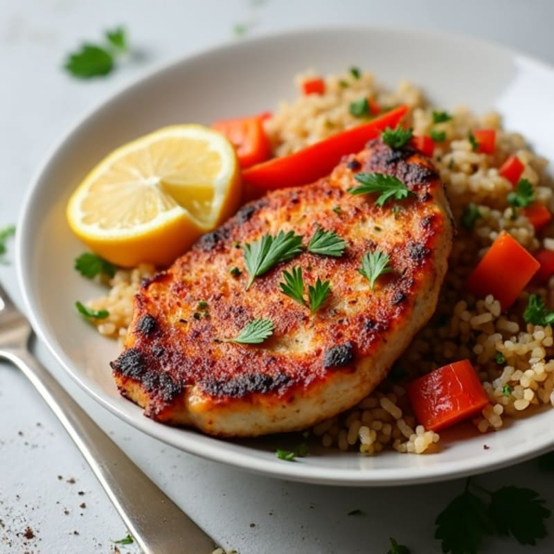 Crispy Pan-Seared Pork Chops with Roasted Bell Peppers and Herbed Brown Rice