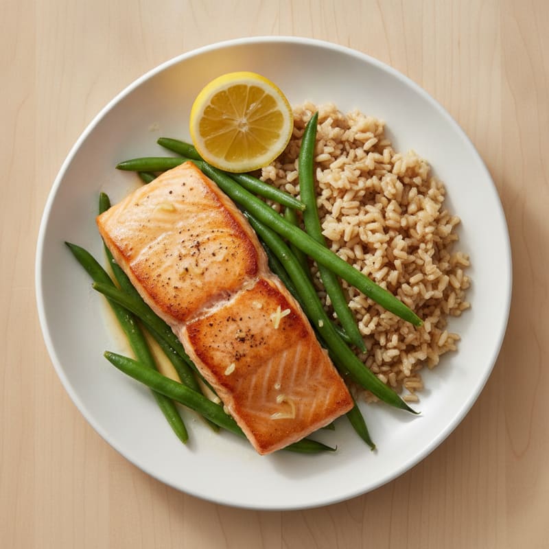 Seared Salmon Fillet with Steamed Green Beans and Brown Rice